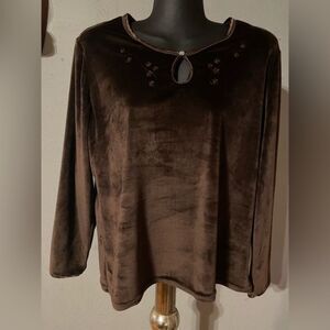 Medium Whispers Sleepwear brown velour satin lace trim embroidered pajama top